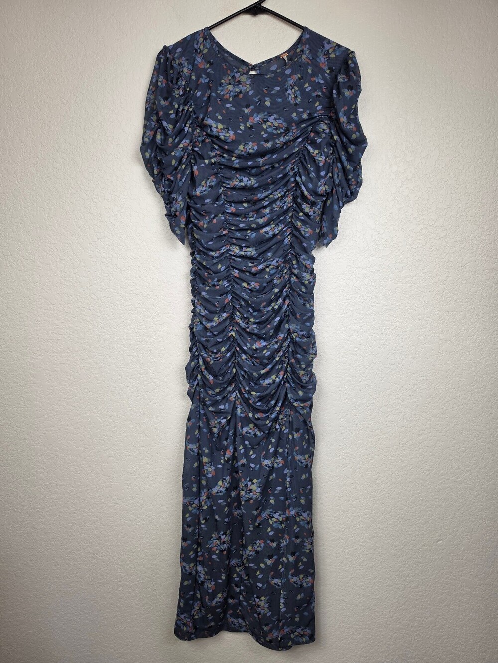 Free People Blue Floral Ruched Midi Dress S